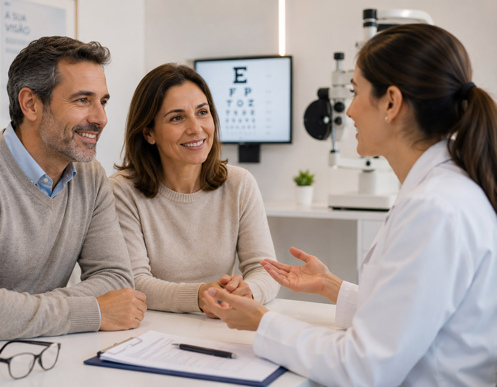 A smiling couple sits at a clinic desk while a clinician in a white coat speaks to them, with an eye chart on a monitor in the background and glasses on the table.