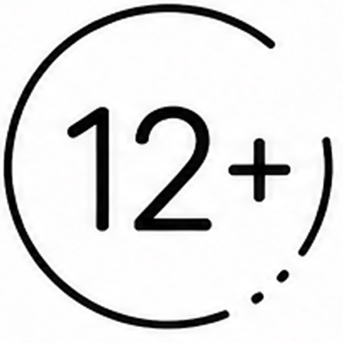 Circular badge displaying the text '12+' indicating age suitability for content or products.