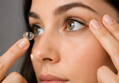 Woman inserting a contact lens onto her eye using her fingertip, close-up of face and eye detail.
