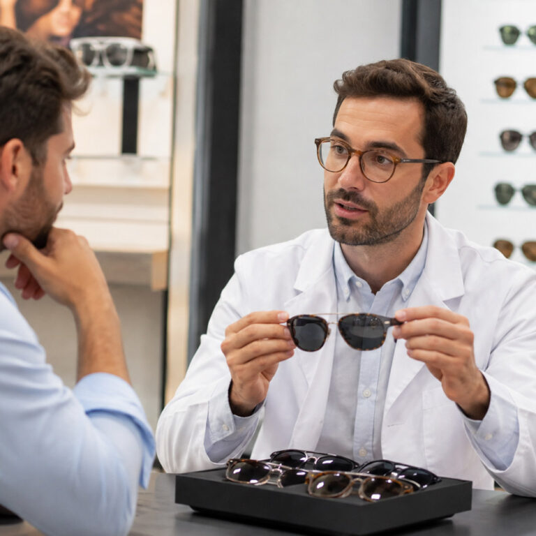 Optician in a white coat showing sunglasses to a customer across a display table in a eyewear shop.