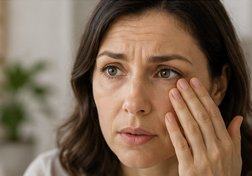 Close-up of a woman with a worried expression touching the area near her eye near her eye.