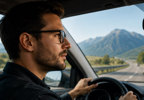 Man driving a car, wearing glasses, on a highway with mountains in the distance.