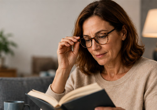 Woman wearing glasses reading a book while sitting on a sofa, absorbed in the text at home.