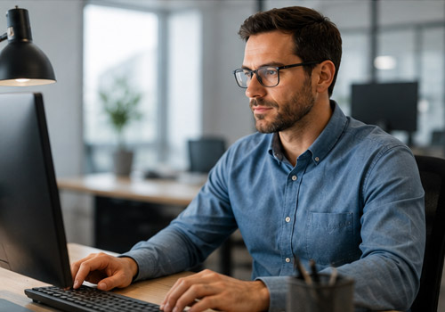 Man wearing glasses and a blue button-down shirt types on a desktop keyboard in a bright, open-office setting.