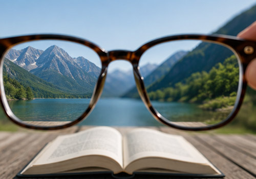 Tortoiseshell glasses resting on an open book on a wooden table, with a mountain lake scene visible through the lenses.
